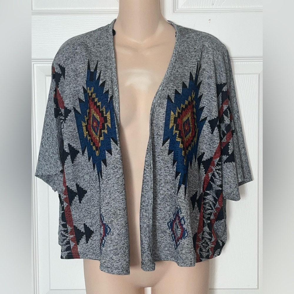 Forever 21 Gray Colorful Aztec Tribal Print Open Front Cardigan Cropped Small